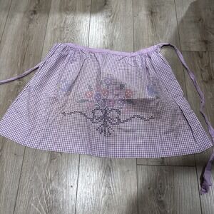 Vintage Purple‎ & White Checkered Half Apron w/Cross Stitch Design